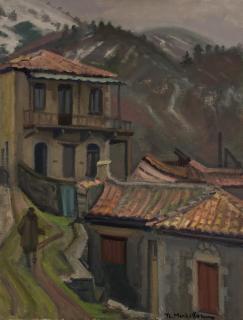 Lagkadia Houses, Snowy Mountains, One Person — Oil painting, Canvas, 50.00×65.00cm — Theodoros Markellos